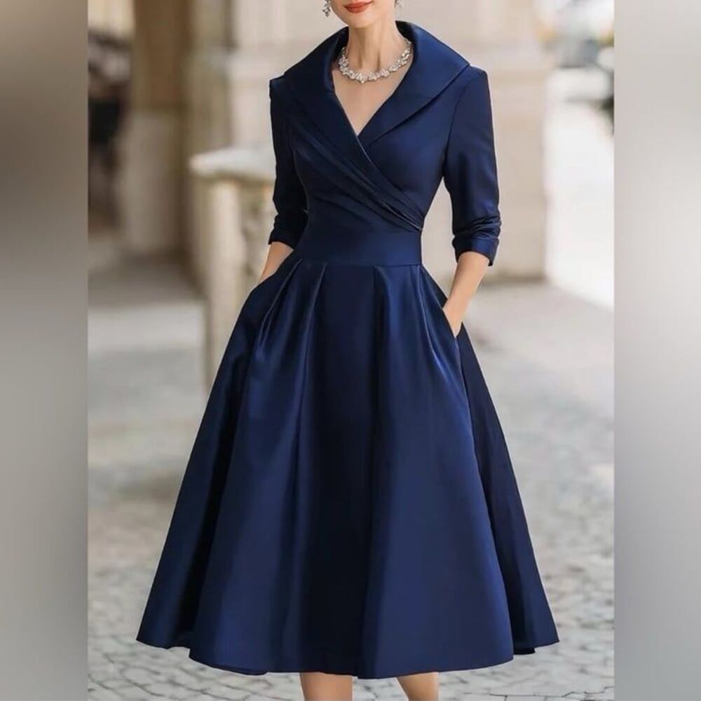 NWT Mooyius Vintage-Inspired Satin Midi Dress With Draped Collar Navy Blue Small